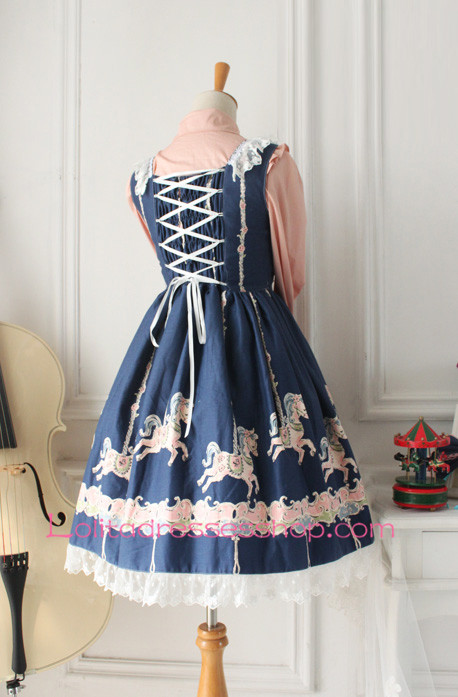 Fairy Tales Princess Blue Cotton Stand Collar Pink Lace Trim Sweet Lolita Dress