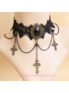Fashion Black Lace Bronzed Crucifix Lolita Necklace 