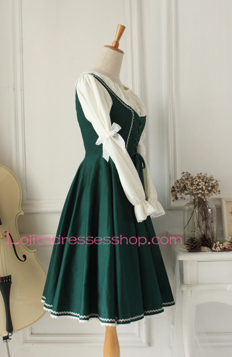 Dark Green Cotton Round Neck Splicing Classic Lolita Dress