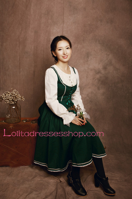 Dark Green Cotton Round Neck Splicing Classic Lolita Dress