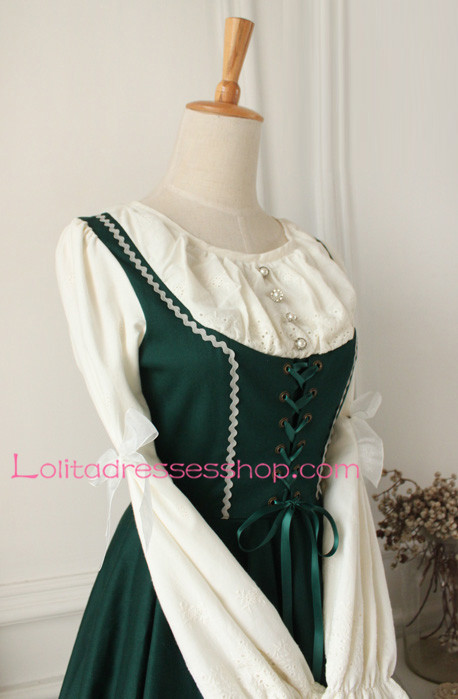 Dark Green Cotton Round Neck Splicing Classic Lolita Dress