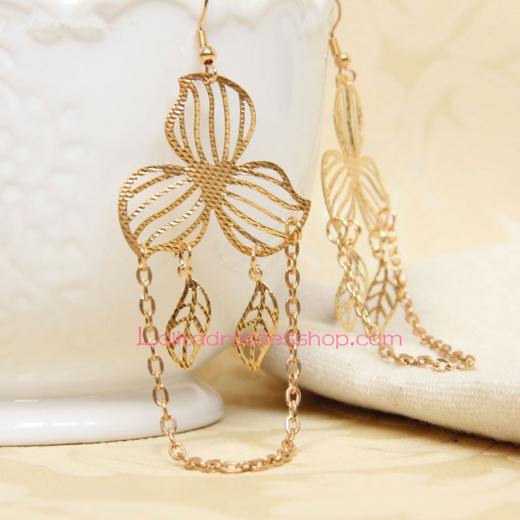 Sweet Golden Metal Leaf with Tassel Lolita Earring