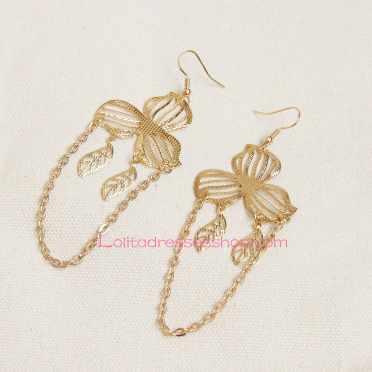 Sweet Golden Metal Leaf with Tassel Lolita Earring