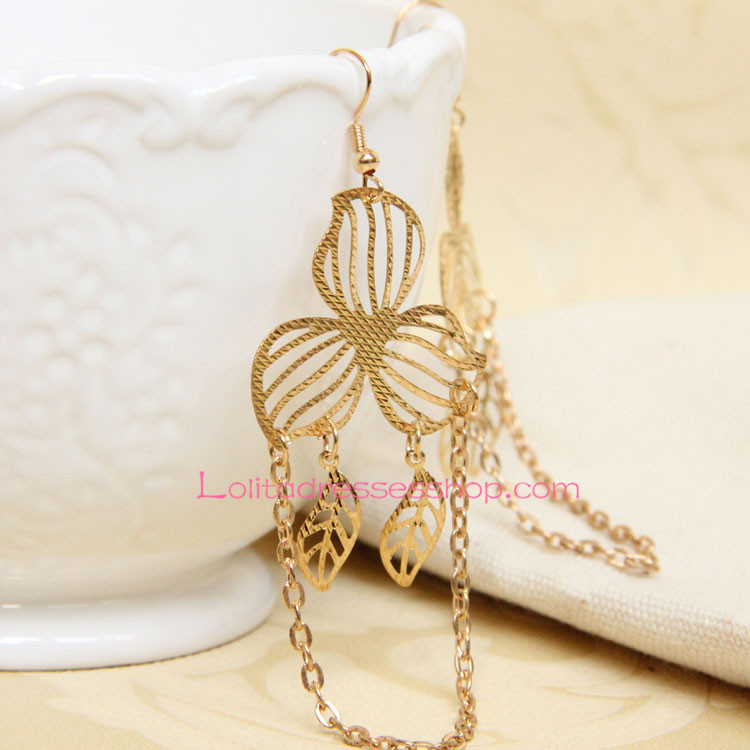 Sweet Golden Metal Leaf with Tassel Lolita Earring