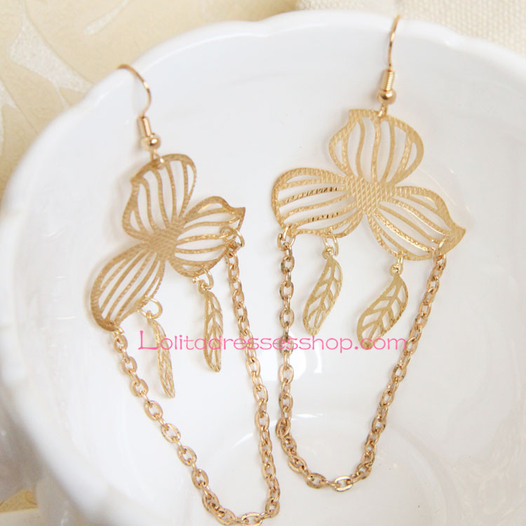 Sweet Golden Metal Leaf with Tassel Lolita Earring