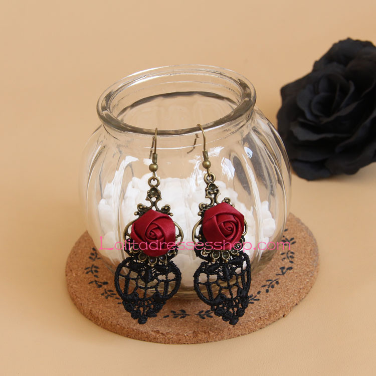 Sweet Black Lace Red Rose Lolita Earring