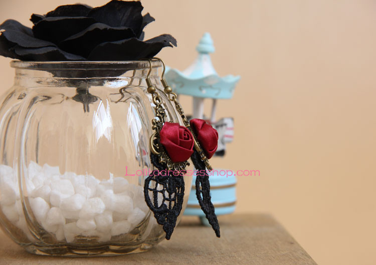 Sweet Black Lace Red Rose Lolita Earring