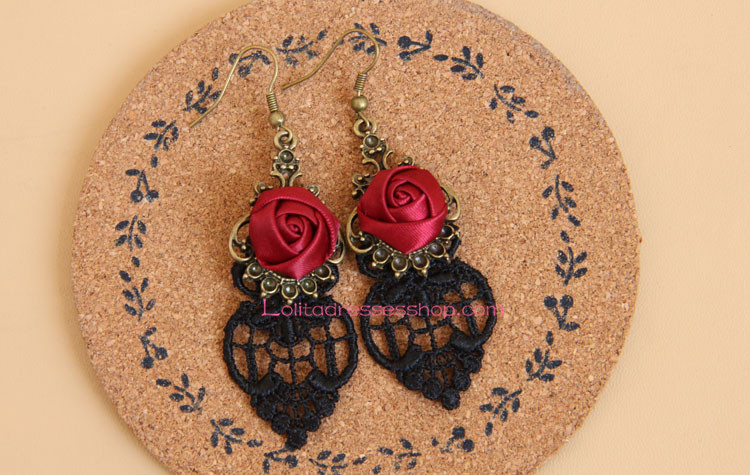 Sweet Black Lace Red Rose Lolita Earring
