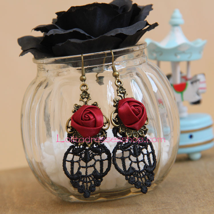 Sweet Black Lace Red Rose Lolita Earring