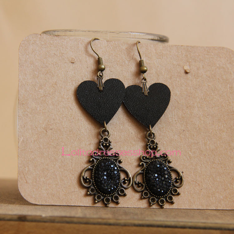 Vintage Black Leather Heart with Diamond Lolita Earring