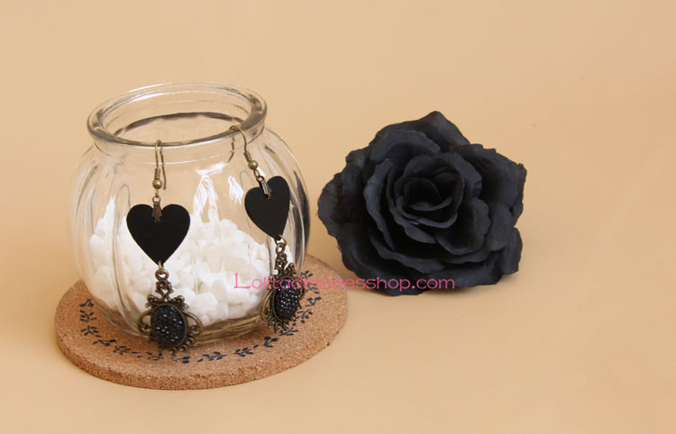 Vintage Black Leather Heart with Diamond Lolita Earring