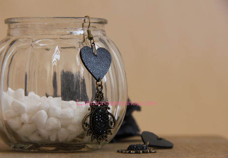 Vintage Black Leather Heart with Diamond Lolita Earring