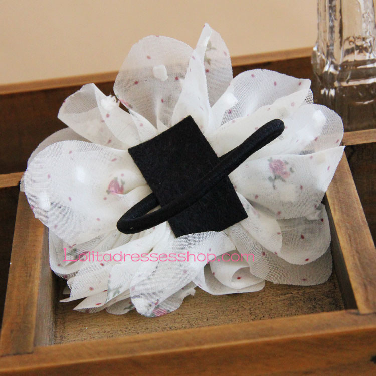 Lolita Headdress White Floral with Pearl Hair Rope