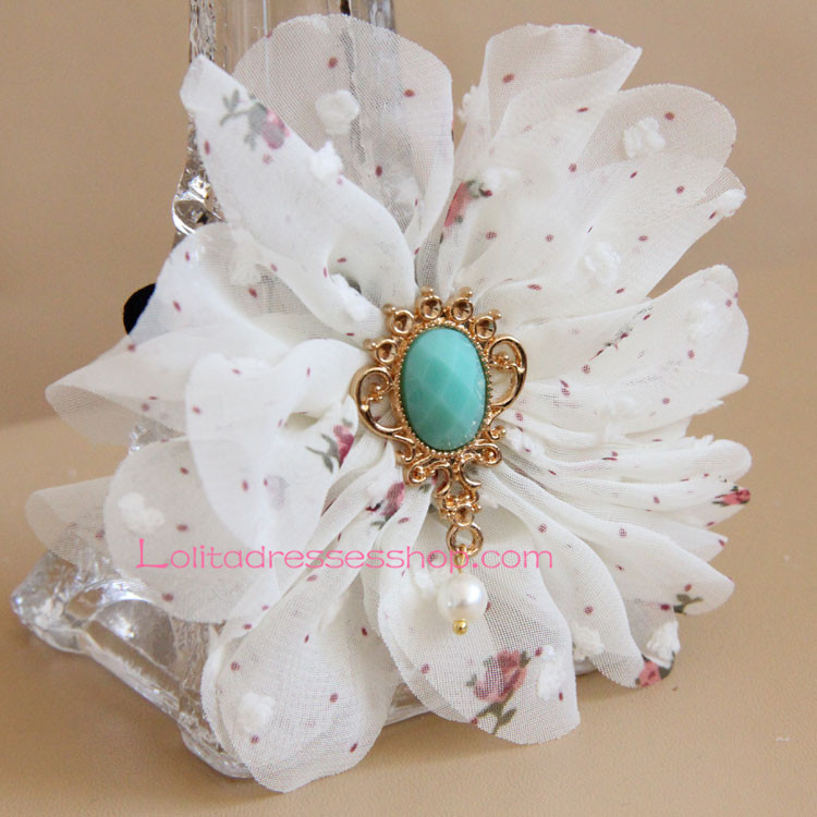 Lolita Headdress White Floral with Pearl Hair Rope