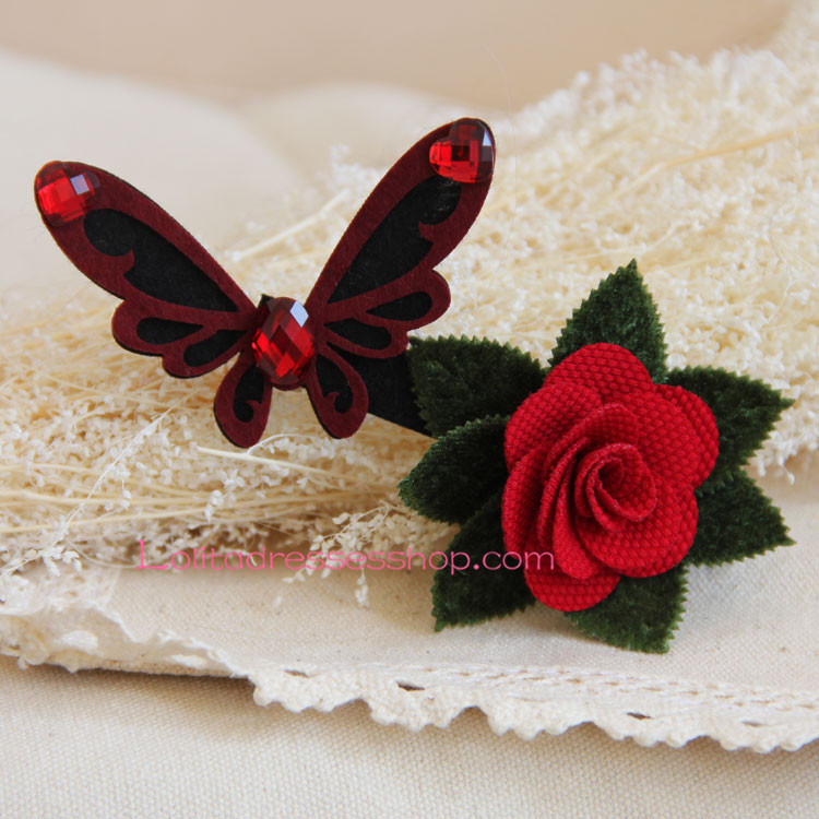 Lolita Headdress Vintage Red Rose Butterfly Gothic Vampire Barrette