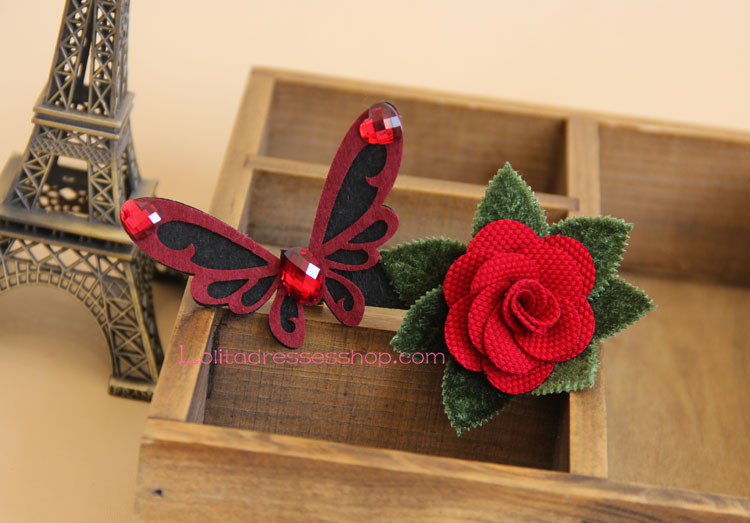 Lolita Headdress Vintage Red Rose Butterfly Gothic Vampire Barrette