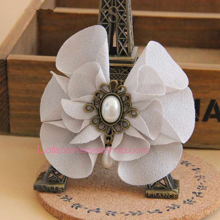 Lolita Headdress Grey Big Flower with Pearls Hair Rope