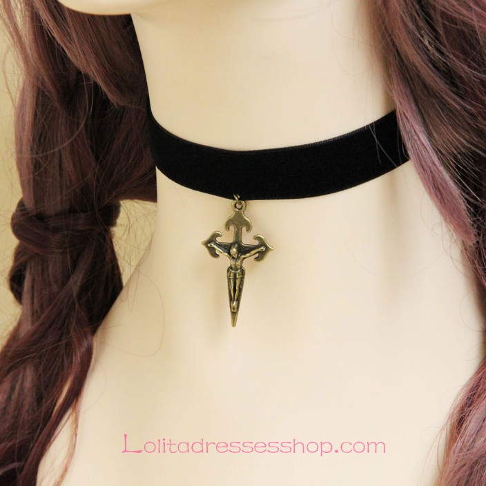 Simple Velvet Ribbon with Crucifix Lolita Necklace