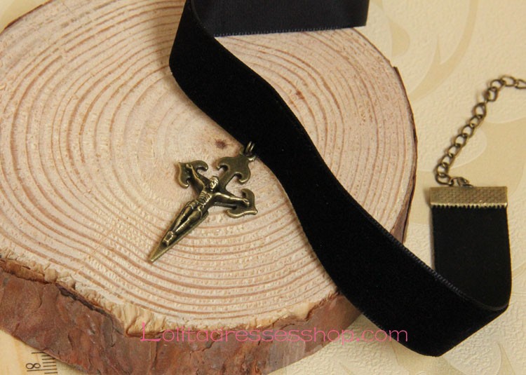 Simple Velvet Ribbon with Crucifix Lolita Necklace