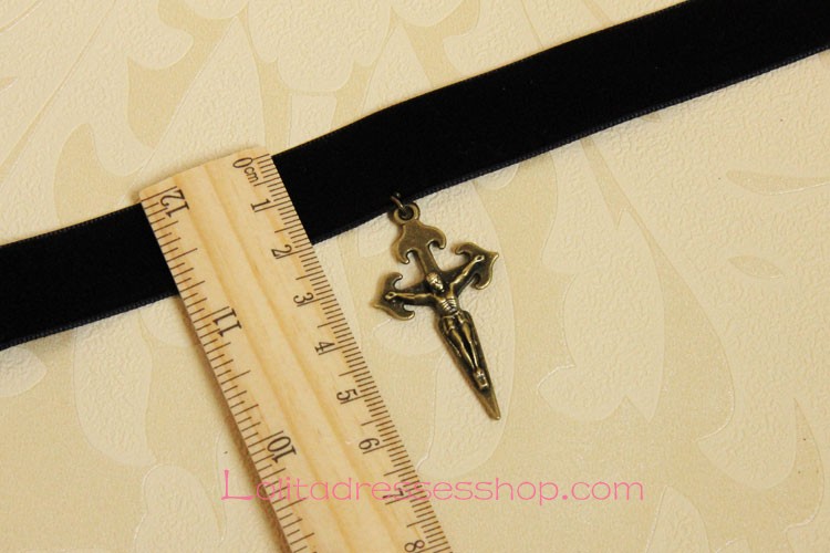 Simple Velvet Ribbon with Crucifix Lolita Necklace