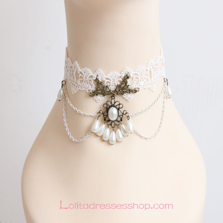 Sweet White Lace Pearls Lolita Necklace