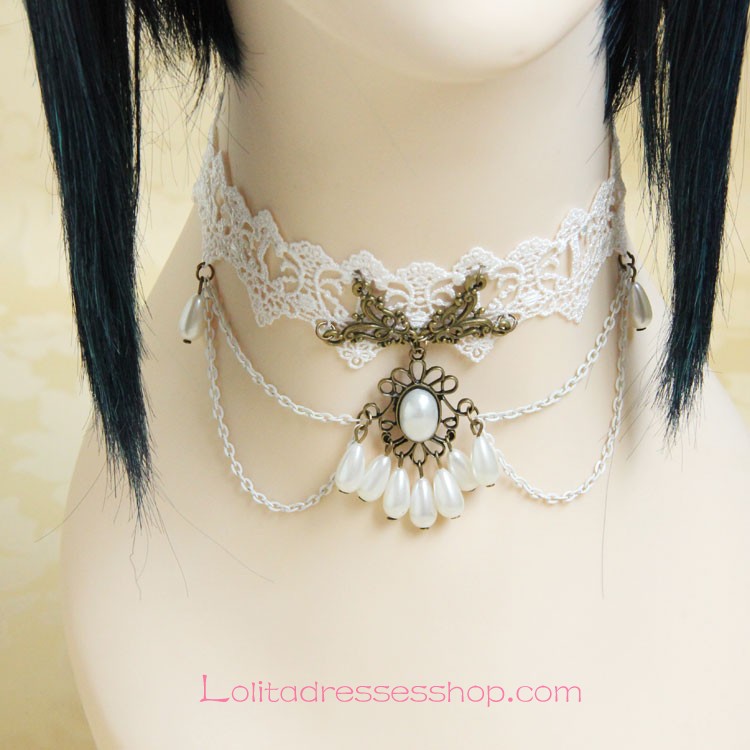 Sweet White Lace Pearls Lolita Necklace