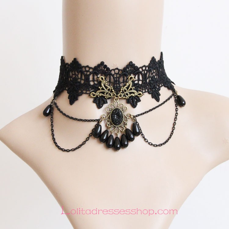 Elegant Black Lace Pearls Lolita Necklace