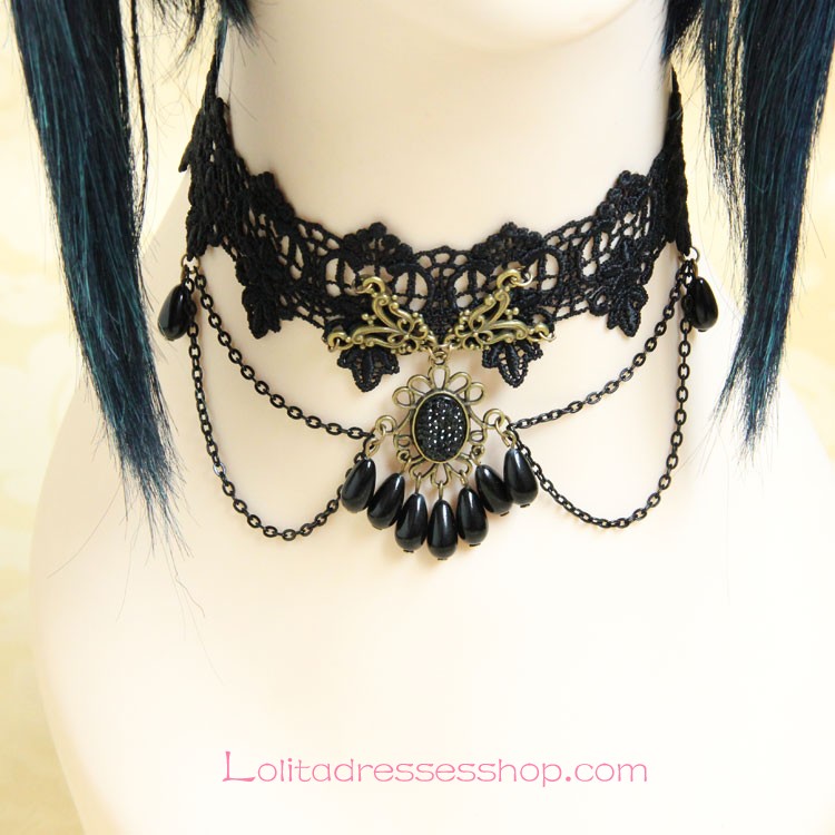 Elegant Black Lace Pearls Lolita Necklace