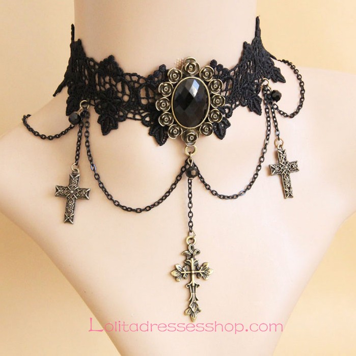 Fashion Black Lace Bronzed Crucifix Lolita Necklace