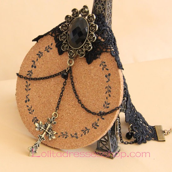 Fashion Black Lace Bronzed Crucifix Lolita Necklace