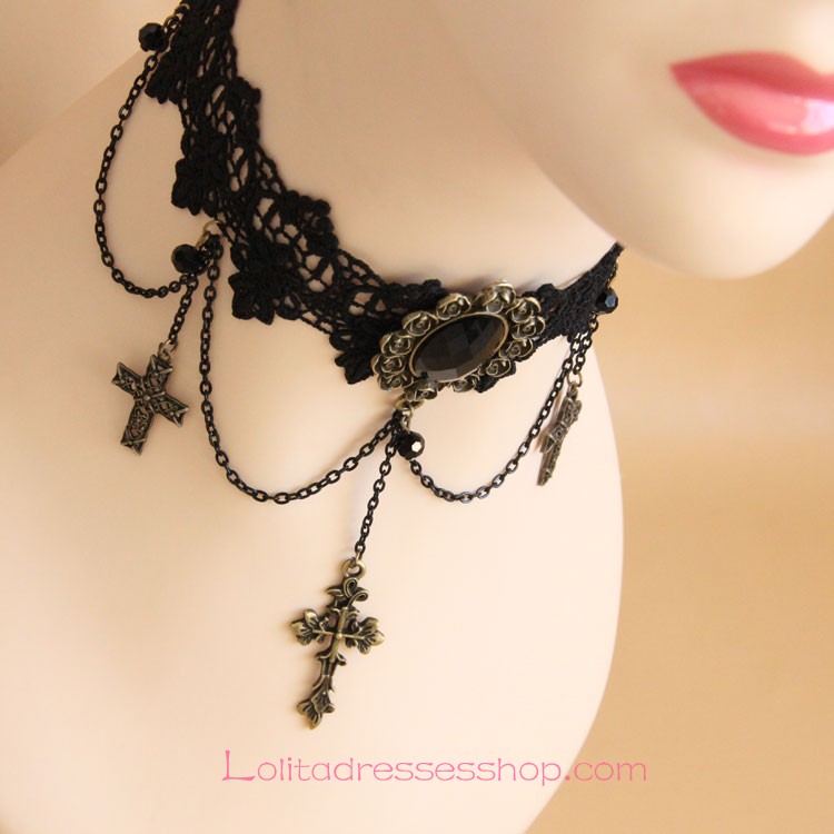 Fashion Black Lace Bronzed Crucifix Lolita Necklace