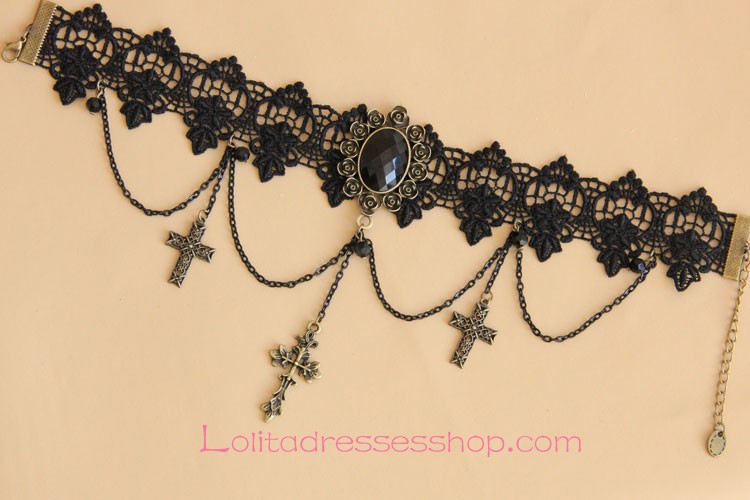 Fashion Black Lace Bronzed Crucifix Lolita Necklace