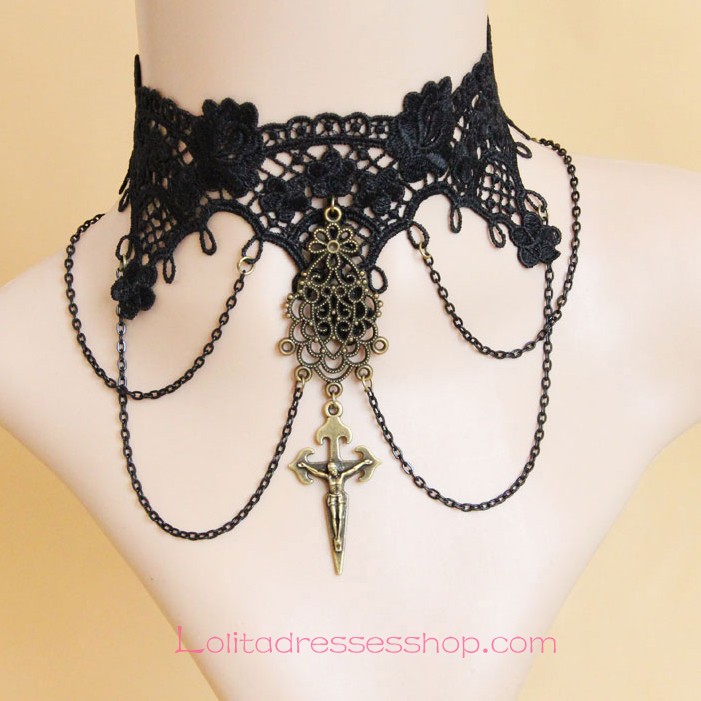 Black Lace Jesus Sacred Bronze Crucifix Lolita Necklace