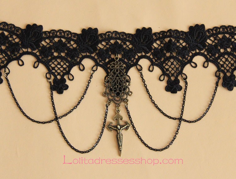 Black Lace Jesus Sacred Bronze Crucifix Lolita Necklace
