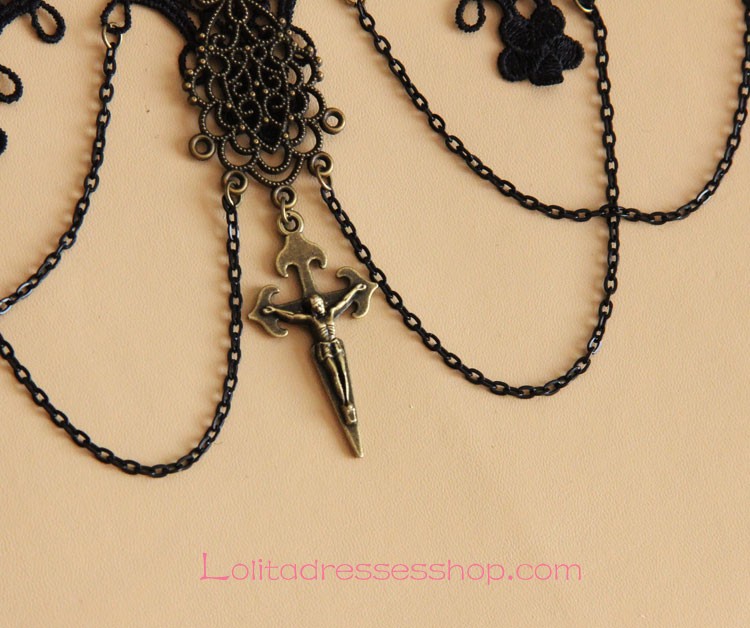 Black Lace Jesus Sacred Bronze Crucifix Lolita Necklace