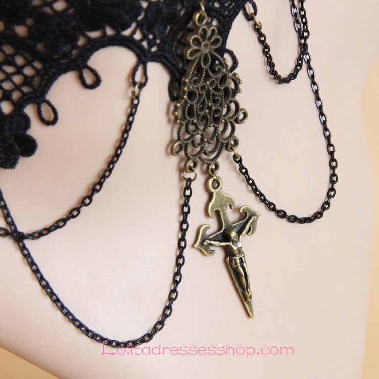 Black Lace Jesus Sacred Bronze Crucifix Lolita Necklace