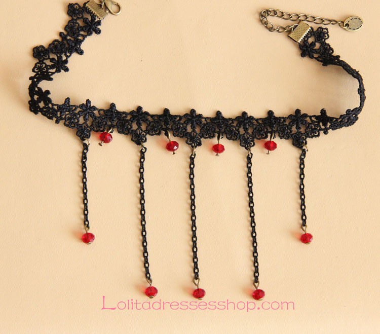 Simple Black Lace Fringed Crystal Lolita Necklace