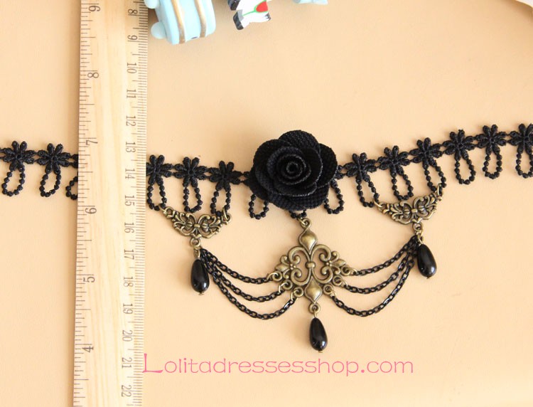 Vampire Black Lace Pearls and Flower Lolita Necklace