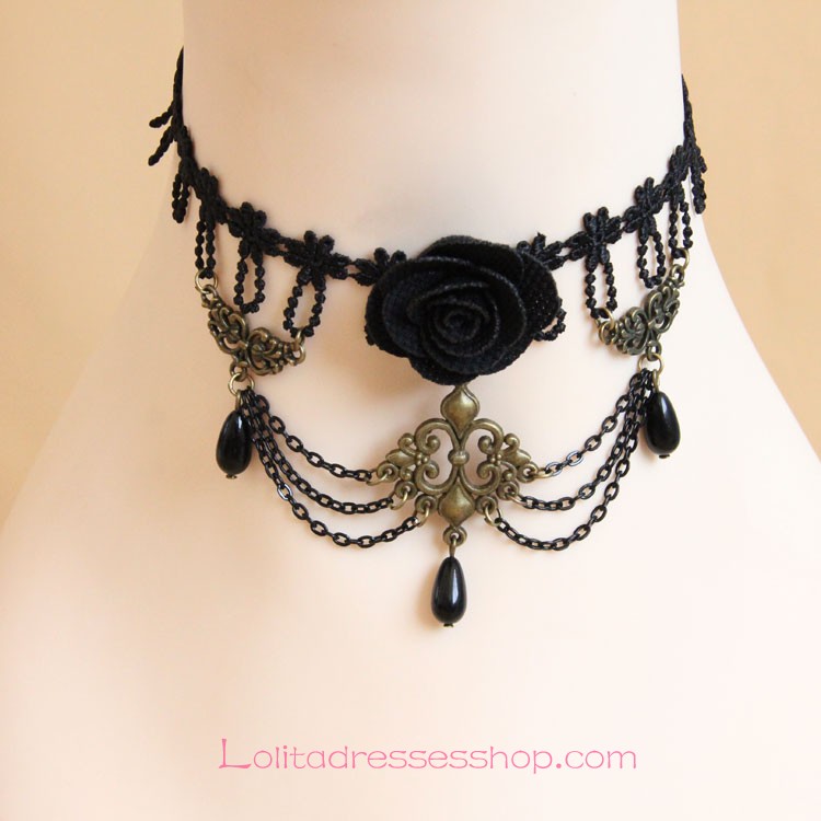 Vampire Black Lace Pearls and Flower Lolita Necklace