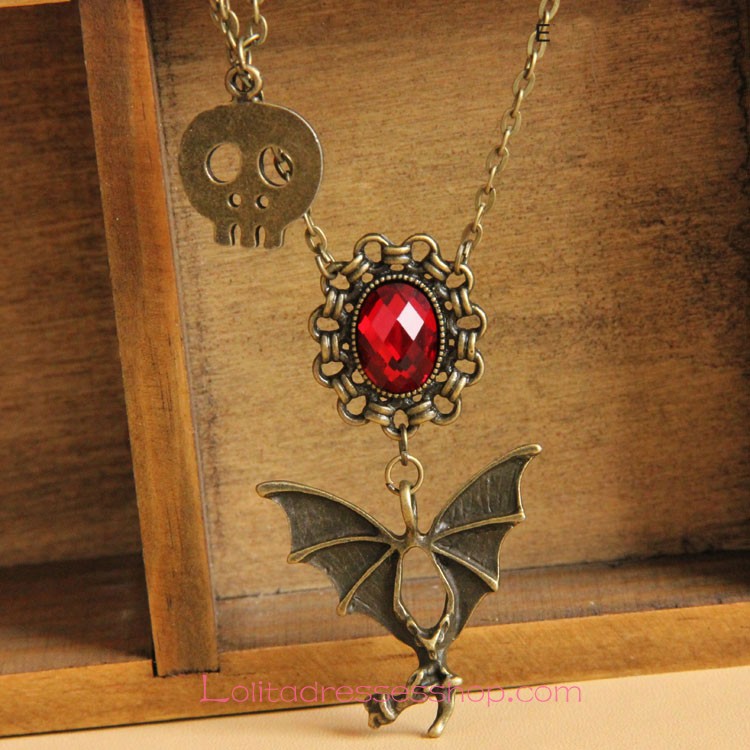 Gothic Bronze Alloy Bat with Red Diamond Lolita Necklace