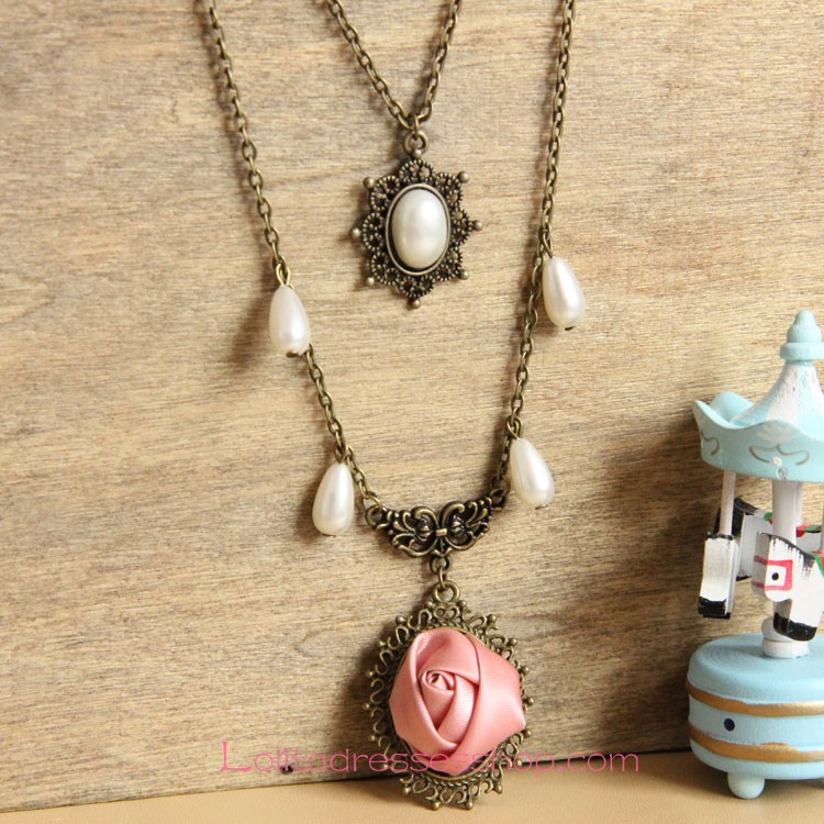 Lolita Bronzed Alloy Pink Rose with Pearls Sweater Chain