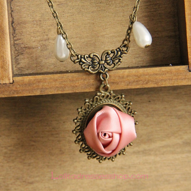 Lolita Bronzed Alloy Pink Rose with Pearls Sweater Chain