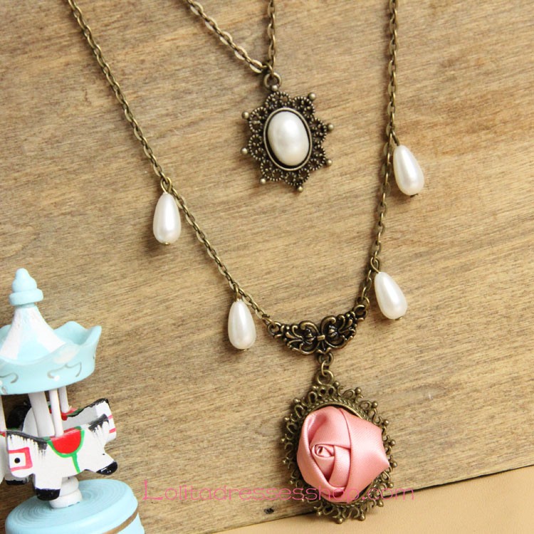 Lolita Bronzed Alloy Pink Rose with Pearls Sweater Chain
