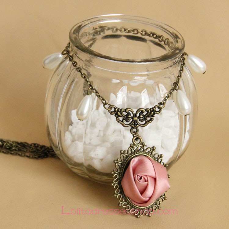 Lolita Bronzed Alloy Pink Rose with Pearls Sweater Chain