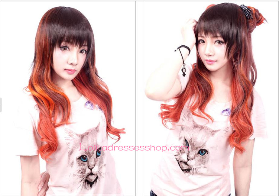 Lolita Brown and Orange Slightly Curled Cosplay Wig
