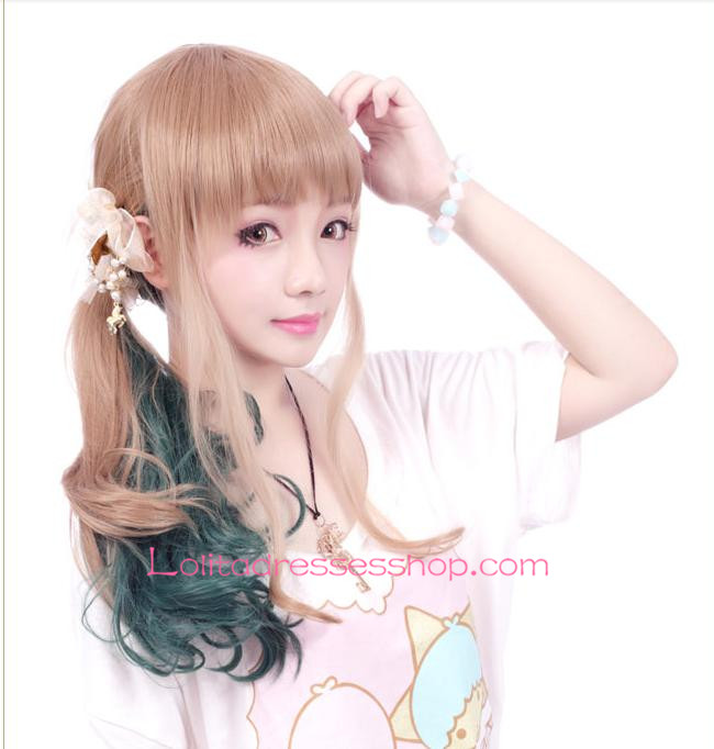 Lolita Gradient Light Brown with Dark Green Maid Cute Cosplay Wig