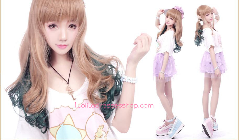 Lolita Gradient Light Brown with Dark Green Maid Cute Cosplay Wig