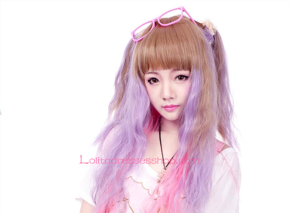 Lolita Brown Purple Gradient Slightly Curly Cosplay Wig