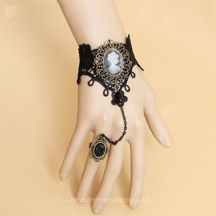 Vintage Black Lace with Ring Lolita Bracelet