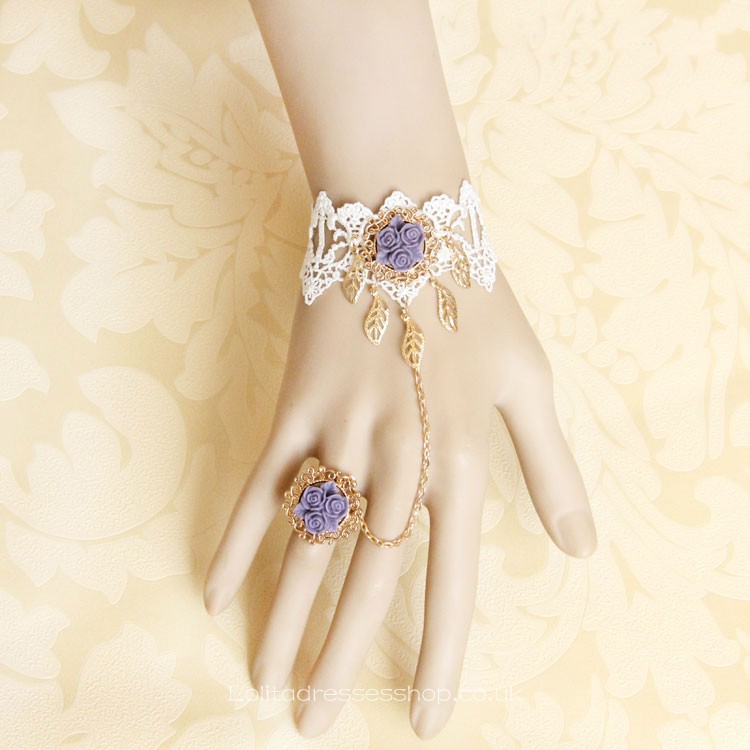 Sweet White Lace Metal Leaf with Chain Lolita Bracelet